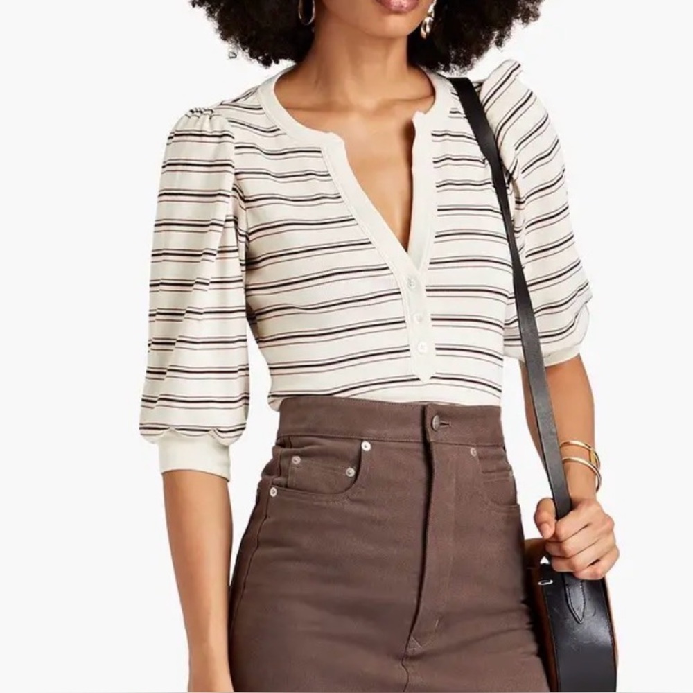 Veronica Beard Amity Puff Sleeve Striped Ribbed Shirt size large cream